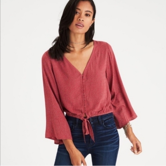 American Eagle boho soft rust color polka-dot button down & tie cropped top XL - Picture 1 of 13